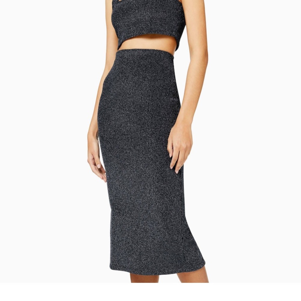 TOPSHOP Gold Metallic Knit Tube Midi Skirt Size 8